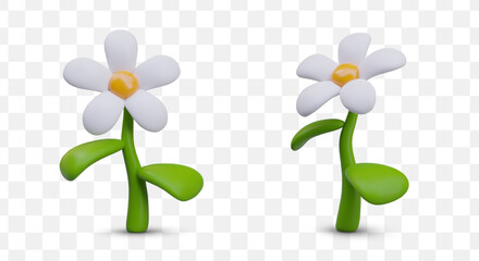 White chamomile with green stem and leaves. Detailed 3D image in cartoon style