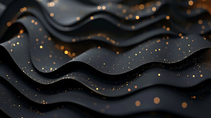 Abstract 3D background with black paper layers and golden glittering dots.