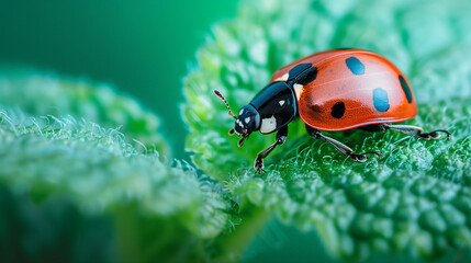 Macro photo of Ladybug in the green grass. Macro bugs and insects world. Nature in spring concept. ladybug on leaf. Ladybug walking on a green leaf. ladybug on grass. Ladybug macro.  Insect close up. 