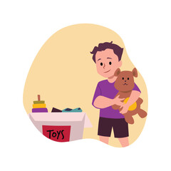 Boy holding teddy bear, cute kid pick up toys and collects in box, vector cartoon children cleaning duty in yellow frame