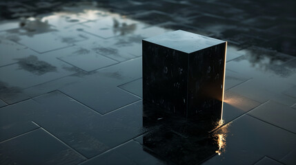 black cube 3d wallpaper, futuristic technology concept background or wallpaper for desktop or website homepage banner, copy space area