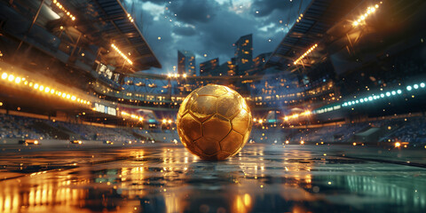 golden soccer ball in a large soccer stadium. Gold ball soccer award. - obrazy, fototapety, plakaty