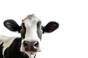 Close-up of a white and black head of a cow, dairy cow isolated on a transparent background.