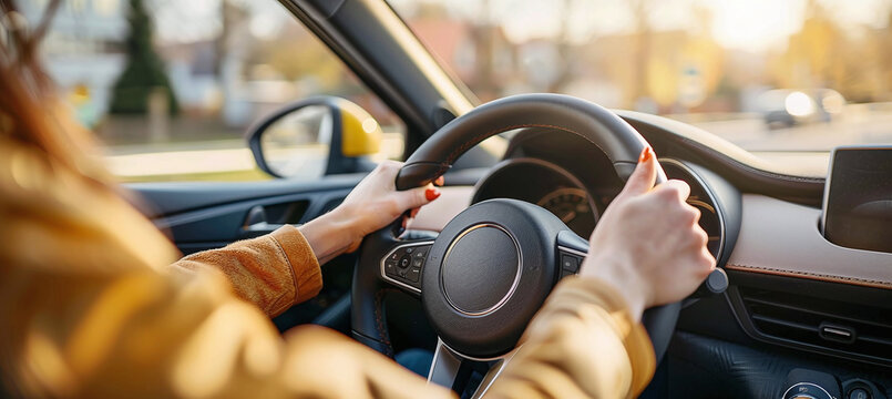 woman's hands holding the steering wheel in a car