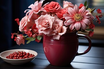 A red mug with a bouquet of flowers next to a vessel with a red flower., generative IA