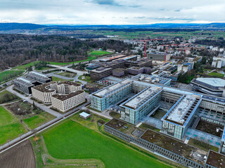 Aerial view from Hönggerberg with Federal Institute of Technology ETHZ at Swiss City of Zürich on a cloudy winter afternoon. Photo taken February 24th, 2024, Zurich, Switzerland.