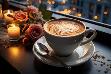 A cup of fragrant cappuccino at the Closeup Generative Ai table, generative IA
