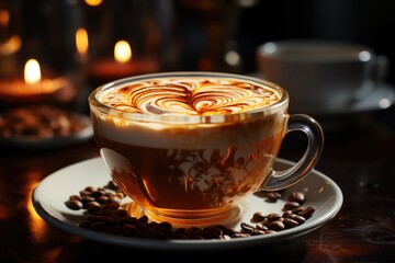 Dark coffee steam climbs foamy cappuccino generated by, generative IA