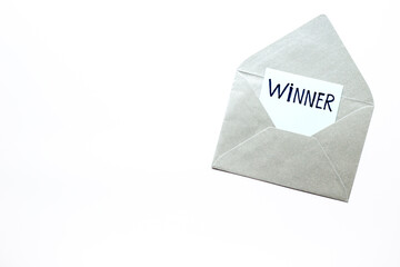 Lottery winner ticket or congratulatory letter on letter envelope. Winner concept.