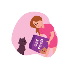 Cute little girl feeding a cat, takes care of the pet, vector cartoon kid doing housework chores, children cleaning duty