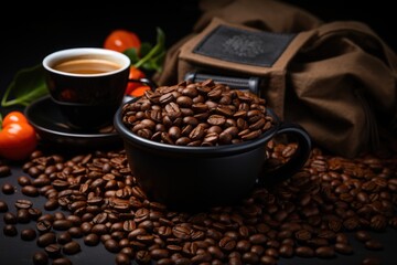 Upper view of the cup of coffee and coffee beans in a dark background bag, generative IA