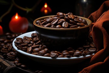 Upper view of the cup of coffee and coffee beans in a dark background bag, generative IA