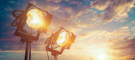 two large spotlights over the stadium stands and the bright sky at sunset - obrazy, fototapety, plakaty