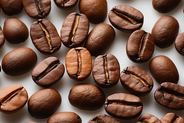 Upper view of coffee beans in a white background space for text, generative IA