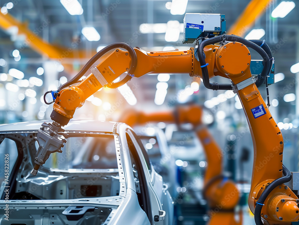 Poster robot assembly line in car factory