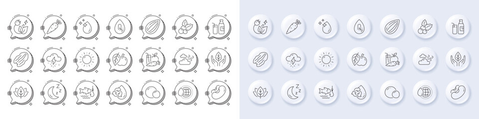 Recycle water, Juice and Moon line icons. White pin 3d buttons, chat bubbles icons. Pack of Almond nut, Green energy, Apple icon. Christmas holly, Peas, World water pictogram. Vector