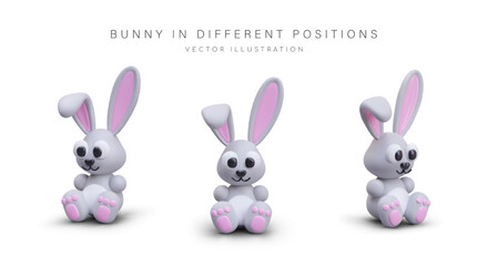 Vector colored bunny, view from different sides. Cute 3D Easter character