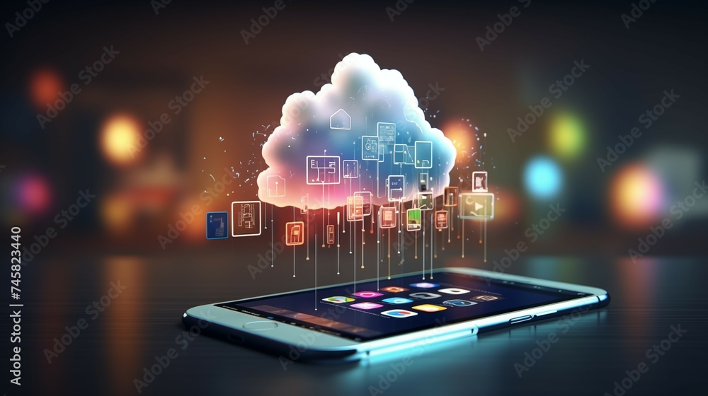 Poster a mobile phone with media icons in a cloud computing technology concept.