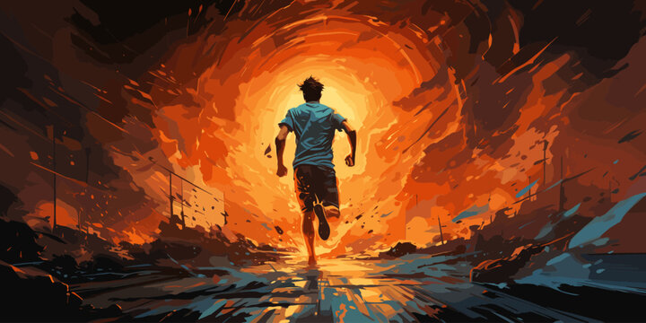 back view of man running with motion effect, digital art atyle, illustration painting