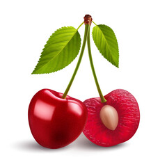 Isolated red cherries on one stem with green leaf on white background. Two sweet cherry fruits on one stem, one cut in half with a pit - 745823857