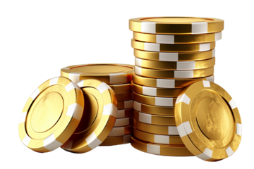 Gold poker chips cut out, isolated on transparent background