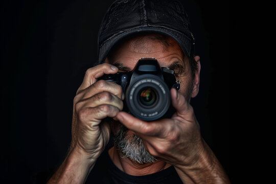 photographe barbu avec une casquette de face tenant son reflex devant son visage prêt à photographier sur fond noir