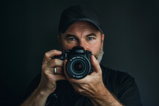 photographe barbu avec une casquette de face tenant son reflex devant son visage prêt à photographier sur fond noir