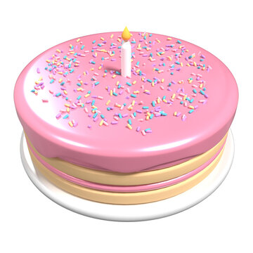 Cute birthday cake 3d rendering. Birthday cake with candle. Cute pink cake with candle and sprinkles. Pink cake and stand