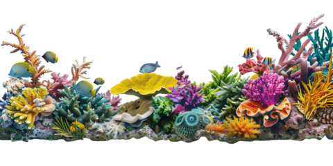 Colorful coral reef with marine flora and fauna, isolated on transparent background