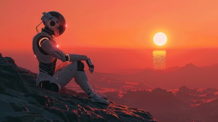 Astronaut contemplating sunset on alien world - An astronaut sits in contemplation, observing a breathtaking sunset over a distant alien world's horizon