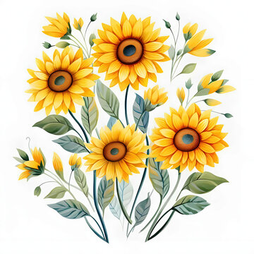 a painting of a bunch of sunflowers on a white background