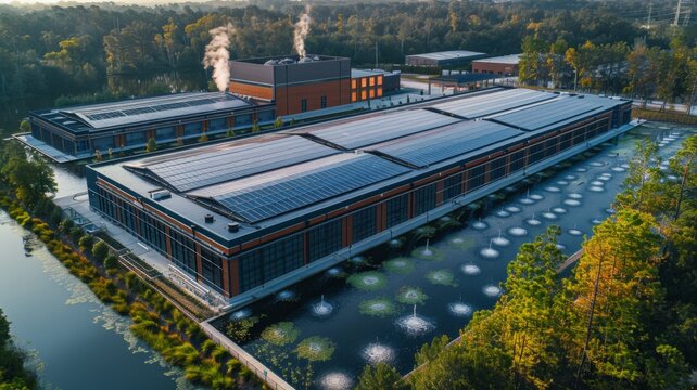 Aerial view of solar panels on factory roof - A modern factory equipped with solar panels, promoting green energy and sustainability, surrounded by trees and water