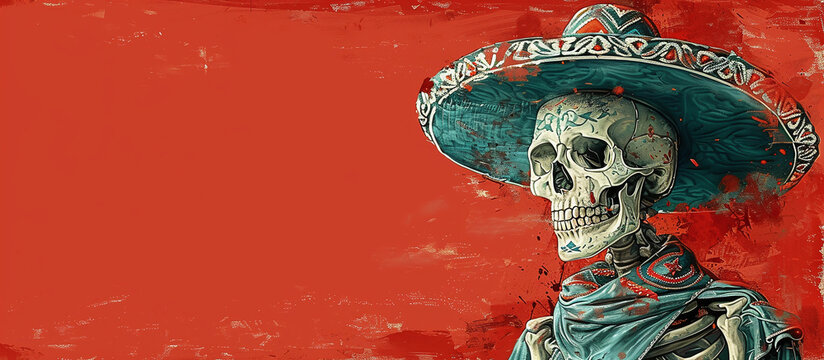 Skeleton wearing a Mexican sombrero, Cinco de Mayo, copy space