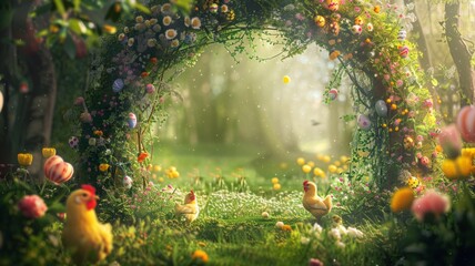Chickens wandering under a blooming arch - An enchanted garden scene with chickens wandering around an arch draped in diverse and colorful blooms