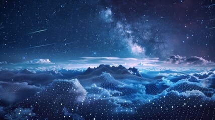 Digital mountains under cosmic skies with cloud layer - Surreal digital mountain range under a cosmic sky with a layer of clouds, depicting a dreamy digital world