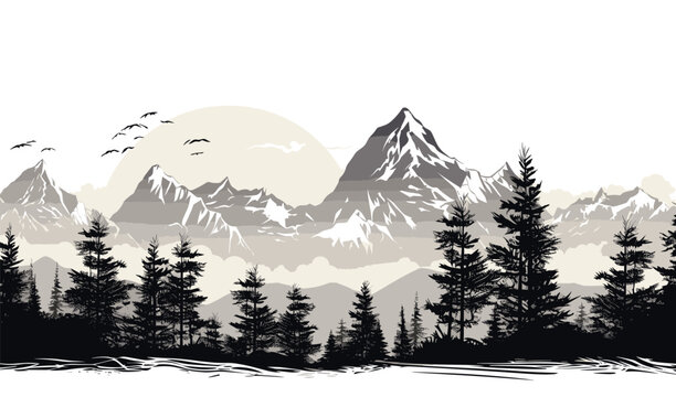 Black and white mountain range wall art, symbolic landscapes trees stencil art outdoor scenes vector illustratio