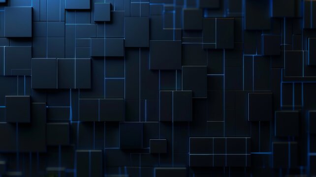 Dark blue geometric abstract cubes background - This image presents a sophisticated dark blue geometric pattern of abstract cubes with a modern and clean aesthetic