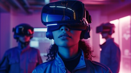 Team members engaged in a virtual reality team-building exercise, fostering creativity and teamwork in a futuristic office. 8K