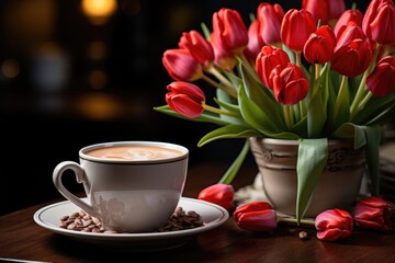 Cup of coffee and red tulips on a wooden surface, generative IA