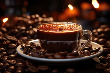 Photo sur Plexiglas Bar a café Coffee cup in roasted coffee grains and grain bottom, generative IA