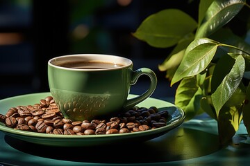 Coffee cup made of coffee beans on a green background - perfect for a nice wallpap, generative IA
