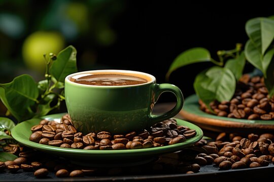 Coffee cup made of coffee beans on a green background - perfect for a nice wallpap, generative IA