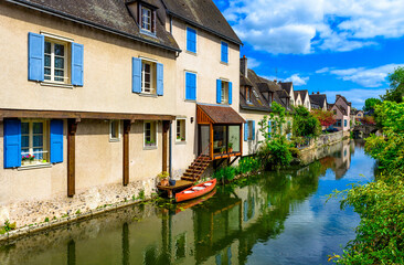 Eure River embankment with old houses in a small town Chartres, France - 745825208