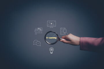 Woman with virtual screen of training online or E-learning. Internet education course, webinar online, digital courses develop skills thinking idea. E-learning graduate certificate program by video.