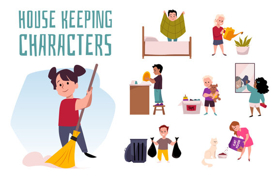 Set of children characters doing household chores, vector illustration isolated.