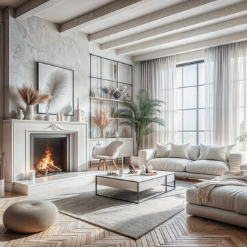a modern living room with a fireplace and white furniture, a stock photo  I, shutterstock, minimalism, minimalist, stockphoto, stock photo