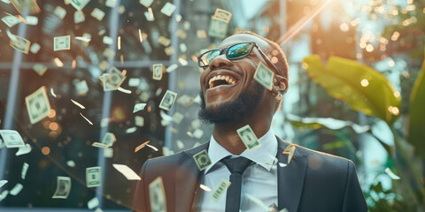 Happy businessman impressed having a lot of flying money around, successful with a new project, Finance and earning concept - obrazy, fototapety, plakaty