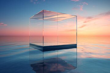 3D Realistic Glass Transparent Round Podium on Water Surface with Blue Sky and Morning Light
