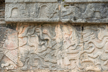 hieroglyphic inscriptions carved on the walls of the religion building in Chichen-Itza