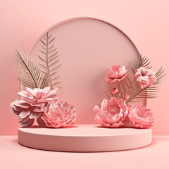 Pastel Pink 3D Podium Display with Rose and Peony Flowers, Product Photography Mockup
